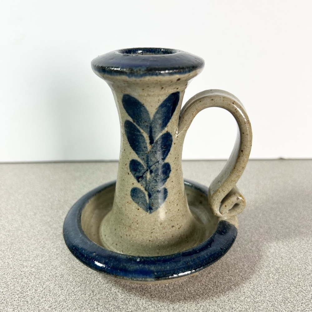 Vintage Salt Glazed Stoneware Candlestick Candle Holder W/Finger Loop 4”